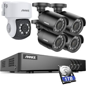 ANNKE 8CH H.265+ 3K Lite Surveillance Security Camera System with AI Human/Vehicle Detection, 4X 2MP Wired CCTV IP66 Cameras and 1X 2MP PT Camera, Remote Access, 1TB Hard Drive Included