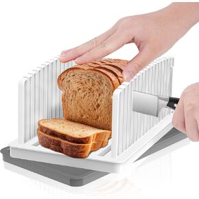 New Upgrade Bread Slicer for Homemade Bread - Bread Slicing Guide Adjustable Width with Grey Crumb Tray - Foldable & Compact Cutting Guide for Homemade Bread, Bagels, Loafs and Cakes - White