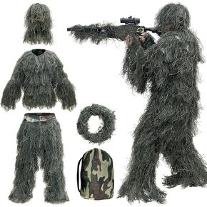 5 في 1 بدلة Ghillie ، ملابس صيد ثلاثية الأبعاد بما في ذلك سترة ، سراويل ، غطاء محرك ، حقيبة حمل مناسبة للأطفال البالغين