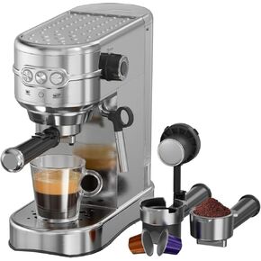 Espresso Machine - 20Bar Coffee Maker with Foaming Steam Wand: 1450W Compatible for Original Capsule & Ground, Single-Serve Espresso Maker with 35Oz Removable Water Tank for Latte, Kitchen
