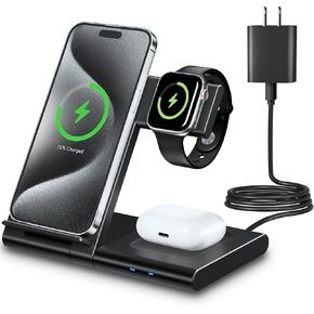 Charging Station for Apple Multiple Devices, Foldable 3 in 1 Wireless Charger for iPhone 16 15 14 13 Pro Max Plus &Apple Watch 10 9 Ultra 8 7 6 5 4 3 2 SE/AirPods Pro 4 3 2