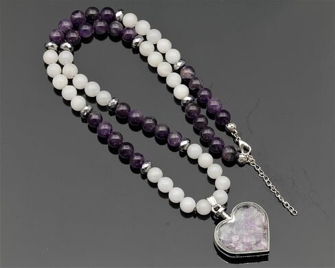 ElisaJewelryArt - Natural Heart Pink Quartz Pendant Necklace Cherry Quartz And Selenite Beaded Necklace Genuine Gemstone Love Stone Clasp Closure Hematite Necklace Unisex Necklace (22, Cherry Quartz) in Saudi Arabia