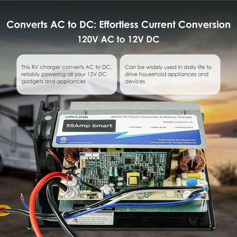 WAVLINK 55Amp RV Power Converter, 120V AC to 12V DC Battery Charger with 3 Smart Charging Modes, 13V-16.5V Adjustable Operating Range, Multi-Stage Charging Assembly for Lithium and Lead Acid Batteries in Saudi Arabia