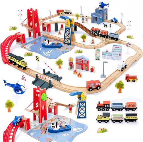 Giant bean 117 Pcs Busy Port City Wooden Train Set for Kids in Kuwait