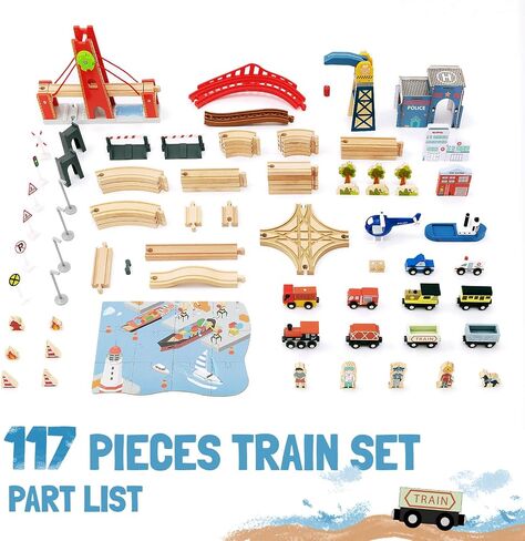 Giant bean 117 Pcs Busy Port City Wooden Train Set for Kids in Kuwait