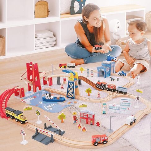 Giant bean 117 Pcs Busy Port City Wooden Train Set for Kids in Kuwait
