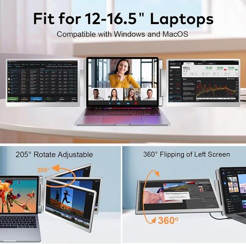 15.6" Laptop Screen Extenders for 12-18.5"Laptops, Triple Portable Desktop Monitors 1080P FHD IPS, Compatible with Windows,Surface,MacO (M1/M2/M3/M4 Pro & M1/M2/M3/M4 Max) Powered by USB-C & HDMI in Kuwait