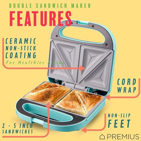 Ceramic NonStick Double Slice Sandwich Maker, Indicator Lights, Cool Touch Handle, Great for Grilled Cheese, French Toast, Tuna Melt, Egg & Cheese and Pancake Sandwich, Easy Clean (Turquoise) in Saudi Arabia