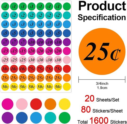 1600 PCS 3/4 "Misofuki Garage Sale Sale ملصقات أسعار ملصقات لطالب الفصل الدراسي ، 10 ألوان ملصقات أسعار بيع الفناء للزخارف المنزلية ، ملصقات ترميز الألوان الدائرية ، دائرة نقط in Kuwait