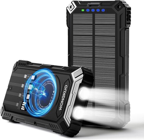 Wongkuo Solar Charger Power Bank-49800mAh Charger Solar Phone Charger مع USB-C في/إخراج ، QC 3.0 شحن سريع مع مصباح LED ، بنك الطاقة المحمول المدمج في 4 كابلات ، IP65 مقاوم للماء لـ Outdo in Saudi Arabia
