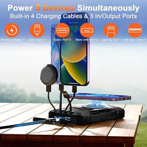 Wongkuo Solar Charger Power Bank-49800mAh Charger Solar Phone Charger مع USB-C في/إخراج ، QC 3.0 شحن سريع مع مصباح LED ، بنك الطاقة المحمول المدمج في 4 كابلات ، IP65 مقاوم للماء لـ Outdo in Saudi Arabia