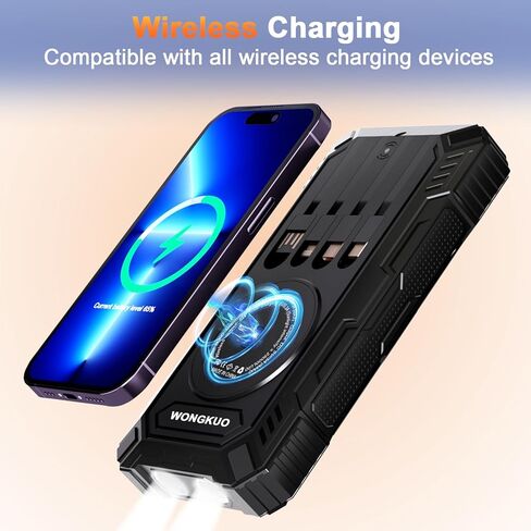 Wongkuo Solar Charger Power Bank-49800mAh Charger Solar Phone Charger مع USB-C في/إخراج ، QC 3.0 شحن سريع مع مصباح LED ، بنك الطاقة المحمول المدمج في 4 كابلات ، IP65 مقاوم للماء لـ Outdo in Saudi Arabia