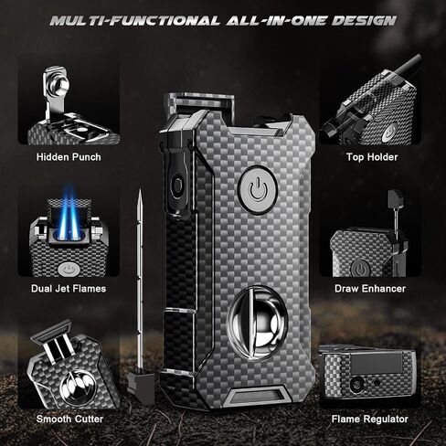 5-in-1 Torch Lighter with Cutter, Punch, Holder, and Draw Enhancer Tool, Adjustable Dual Jet Flames, Trendy Gift for Men, Refillable Butane Lighter, Rechargeable Lighters for Candle, Travel Outdoors in Saudi Arabia