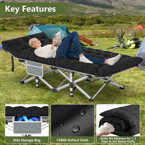 Slendor Camping Cot for Adults & Kids, Folding Cot Camping Bed with 10-Leg Support, 500LB Capacity Portable Sleeping Cots for Camping, RV, Travel, Guest Bed & Home Use (Includes Carry Bag), Black in Saudi Arabia