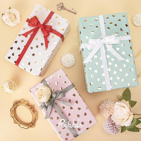 Ribbli Birthday Wrapping Paper Polka Dots Gift Wrap for Baby Shower Roll, 3 Rolls Pink White Blue Dots Pattern with Gold Foil - 17 inch x 120 inch(10feet) Per Roll in Saudi Arabia