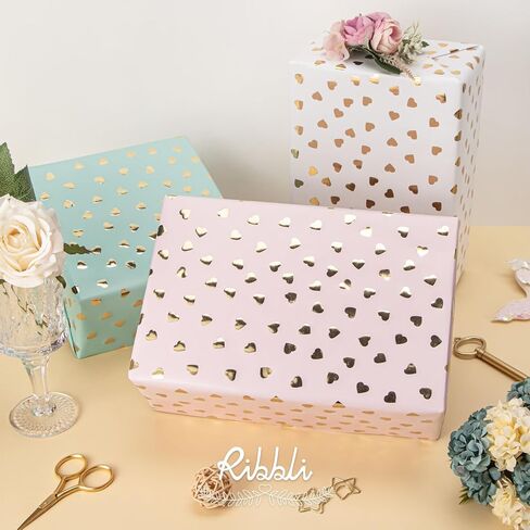 Ribbli Birthday Wrapping Paper Polka Dots Gift Wrap for Baby Shower Roll, 3 Rolls Pink White Blue Dots Pattern with Gold Foil - 17 inch x 120 inch(10feet) Per Roll in Saudi Arabia