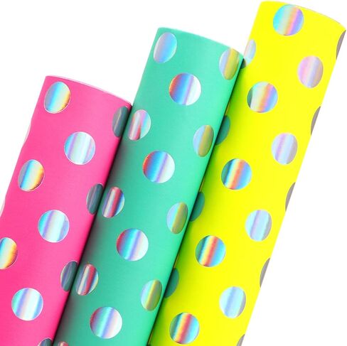 Ribbli Birthday Wrapping Paper Polka Dots Gift Wrap for Baby Shower Roll, 3 Rolls Pink White Blue Dots Pattern with Gold Foil - 17 inch x 120 inch(10feet) Per Roll in Saudi Arabia