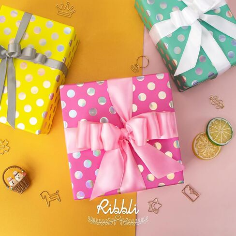 Ribbli Birthday Wrapping Paper Polka Dots Gift Wrap for Baby Shower Roll, 3 Rolls Pink White Blue Dots Pattern with Gold Foil - 17 inch x 120 inch(10feet) Per Roll in Saudi Arabia