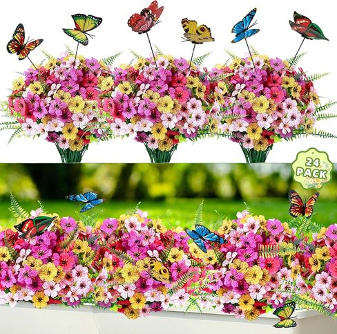 Artificial Flowers For Outdoors, 12 Bundles UV Resistant Fake Outdoor Flowers Faux Artificial Flower Plastic Plants for Outside Garden Porch Window Pot Spring Summer Home Decor (Multi Color-B, 12) in Kuwait