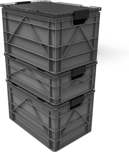 Crate Basic Pack - 2 Full-Size & 1 Half-Size Heavy Duty Stackable Storage Bins, Totes and Containers with Lids and Dividers - Durable Plastic Organizer for Home, Office, Garage, and Outdoor Use in Saudi Arabia