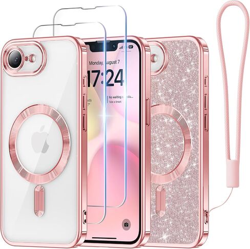 Meifigno Designed for iPhone 16E Case 6.1", [Compatible with MagSafe] [Glitter Card & Wrist Strap] [2X Screen Protectors] Surround Raised Lens Protection Designed for iPhone SE 4 Case, Rose Gold in Saudi Arabia