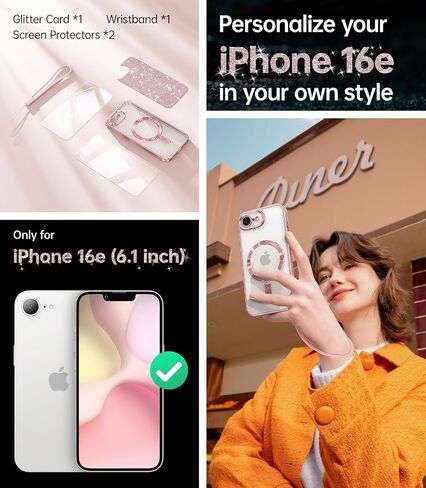Meifigno Designed for iPhone 16E Case 6.1", [Compatible with MagSafe] [Glitter Card & Wrist Strap] [2X Screen Protectors] Surround Raised Lens Protection Designed for iPhone SE 4 Case, Rose Gold in Saudi Arabia