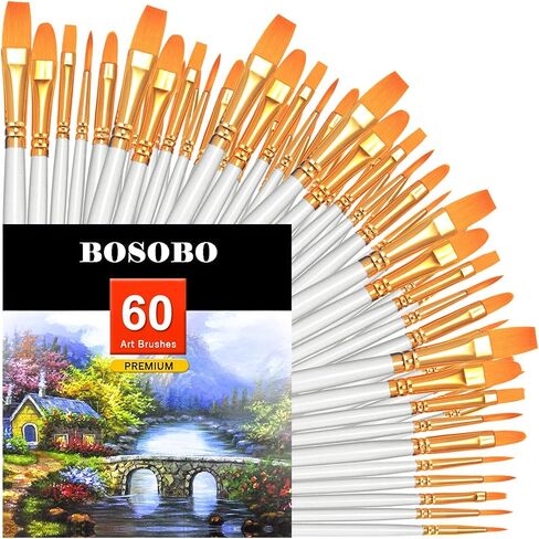 BOSOBO Paint Brushes Set, 6 Pack 60 Pcs Round Pointed Tip Paintbrushes Nylon Hair Artist Acrylic Paint Brushes for Acrylic Oil Watercolor, Face Nail Art, Miniature Detailing & Rock Painting, Pink in Kuwait