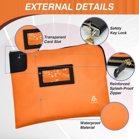 Waterproof Cash Bag with lock and 2 Keys, Money bag with Zipper, 11 x 9 Inch, Orange in Saudi Arabia