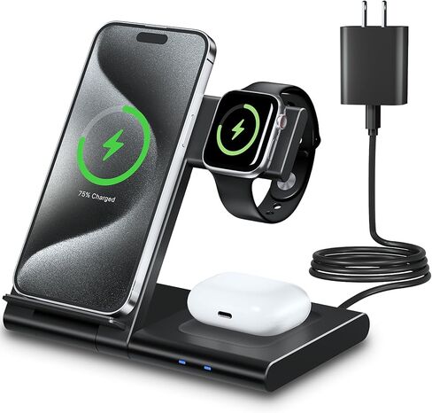 Charging Station for Apple Multiple Devices, Foldable 3 in 1 Wireless Charger for iPhone 16 15 14 13 Pro Max Plus &Apple Watch 10 9 Ultra 8 7 6 5 4 3 2 SE/AirPods Pro 4 3 2 in Saudi Arabia
