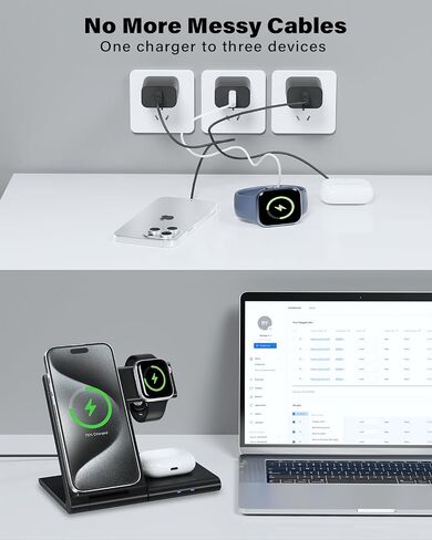 Charging Station for Apple Multiple Devices, Foldable 3 in 1 Wireless Charger for iPhone 16 15 14 13 Pro Max Plus &Apple Watch 10 9 Ultra 8 7 6 5 4 3 2 SE/AirPods Pro 4 3 2 in Saudi Arabia