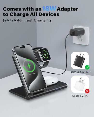 Charging Station for Apple Multiple Devices, Foldable 3 in 1 Wireless Charger for iPhone 16 15 14 13 Pro Max Plus &Apple Watch 10 9 Ultra 8 7 6 5 4 3 2 SE/AirPods Pro 4 3 2 in Saudi Arabia