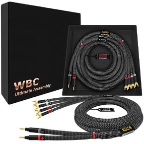 WORLDS BEST CABLES 12 Foot Ultimate - 7 AWG - Ultra-Pure OFC – Extra Premium Audiophile HiFi Bi-Wire Speaker Cable Pair with Eminence Gold Banana (x2) & Spade (x4) Plugs & Carbon Tweed Jacket