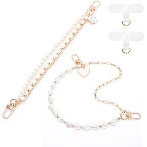 2Pcs Phone Lanyard Wrist Strap with Pearl and Metal,Cell Phone Charm Bead Double Chain for Women and Teen Gril Hand,Hands-free Charms for Wallet Heart Camera