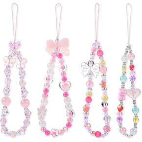 4PCS Phone Charm, Pink Cute Phone Charms Wristlet Beaded Strap Phones Chain Pearl Keychain Cute for Women Phones Bag Keychain Camera Pendants