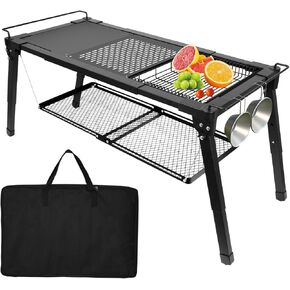 Outdoor Camping Table, Sturdy Camping Side Tables with Floating Shelf and Dish Drying Rack, Height and Width Adjustable IGT Camp Table with Carry Bag for Outside, Picnicing, Fishing, Patio