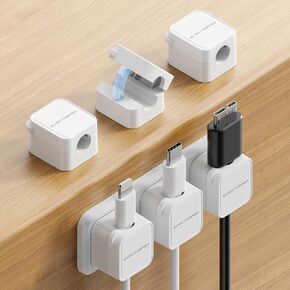 6-Pack + 1 Base Magnetic and Adhesive Cable Organizer - 8mm Slot for Phone, USB, HDMI, and Power Cords. Cable Clips Suitable for use on Office desks, Home Tables, nightstands, and in Cars (White).