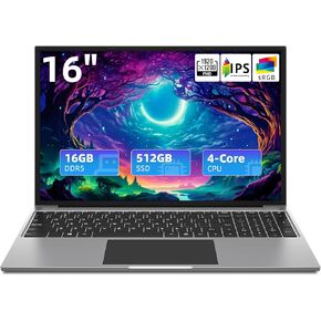 jumper Laptop 16 Inch, 16GB RAM 512GB SSD, FHD 1920x1200 Display(16:10), Laptop Computer with Quad Core N CPU, 38WH Battery, Cooling System, Numeric Keyboard, 4 Speakers, Business Student Laptops.