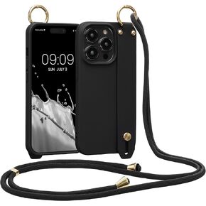 حالة Kwmobile متوافقة مع Apple iPhone 14 Pro - غطاء هاتف TPU الناعم مع حامل حزام اليد والحبل - الأسود