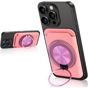 for Magsafe Wallet, Magnetic Card Holder Wallet with 360° Rotating Foldable Phone Stand for All Cell Phones, Fit 1-3 Cards, Slide Easy Card Take Design (Pink)