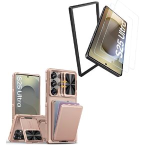 for Samsung Galaxy S25 Ultra Case with 2X Screen Protector & Card Holder & Kickstand & Slide Camera Lens Cover, Silicone Edge Rugged Shockproof Protective Phone Case for S25 Ultra, Gold