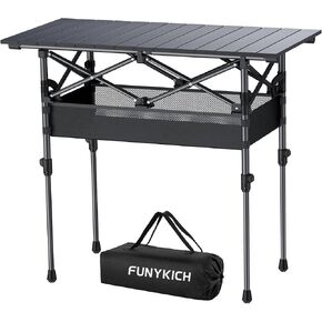 FUNYKICH Folding Camping Table(L32.3''xW15.7''), Aluminum Roll-up Portable Picnic Table with 2 Adjustable Height, Large Storage and Carrying Bag for Picnic, Camping, BBQ, Party, Backyard, Beach