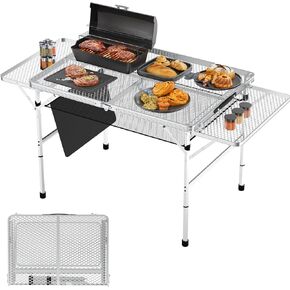 Portable Folding Grill Table with Sink for Outdoor, Lightweight Aluminum Frame Folding Grill Stand Picnic Table Camping Cooking BBQ, RV Picnic,2 Heights Adjustable(Black)