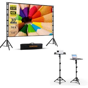 Towond 150 Inch Projector Screen and Stand, Projector Stand Tripod Projector Mount Portable Laptop Tripod Stand Adjustable Height 22 to 47Inch