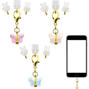 Charging Port Anti Dust Plug, Butterfly Pendant Phone Charm for Iphone Dust Cover+ Type/USB C+ Micro USB, Most Mobile Phones are Universal(3 Pack)