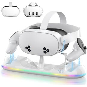 Charging Dock for Meta Quest 3S/3/2, 20W Magnetic Charging Station for Oculus Quest 3S/3/2 Accessories with Rechargeable 2X2100mAh Batteries, RGB Charging Stand for VR Headset & Controllers