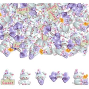 Easter Basket Stuffers,50 Pcs Bunny Resin Charms,Flat Back Purple Bows Rabbit Slime Charms for Crafts,Daily Embellishments for DIY Scrapbooking Nail Phone Jewelry Making Decorations (Purple)
