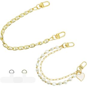 2Pcs Phone Wristlet Strap Decoration, Gold Pearl Heart Wristlet Strap Phone Chain Wristlet Decor Phone Charms Strap Wrist Lanyard, Chain Cell Phone Wrist Strap for Phone Case Wallet Camera Supplies