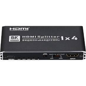 8K@60Hz HDMI Splitter 1 in 4 Out, HDMI 2.1 Splitter 1x4 Support 4K@120Hz, 1080P@240Hz VRR HDCP2.3 HDR HDR10 48Gbps EDID Dolby Atmos 7.1ch, Only Duplicate/Mirror Screens Not Extend (Black)