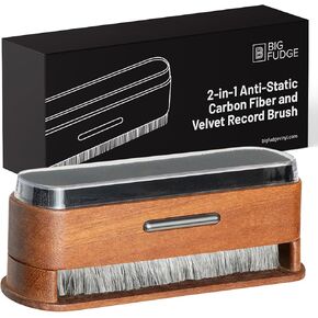 Big Fudge VINYL 2 -in -1 فرشاة تنظيف السجلات الخشبية - تسجيل إكسسوارات وهدايا لاعب - LP CLEANER و STATIC SUBSIPATOR - ألياف الكربون ومجموعة فرشاة المخملية لسجلات الفينيل