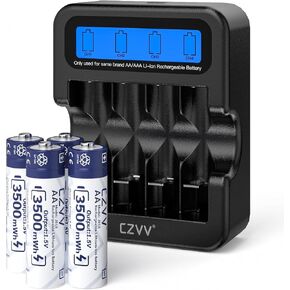 Rechargeable Lithium AA 1.5V Batteries 8-Pack Large Capacity 3500mWh Double A Support Low-Battery Detection for Devices with 4-Slot LCD Display Speedy Black Charger for Blink Camera Replacement, etc.